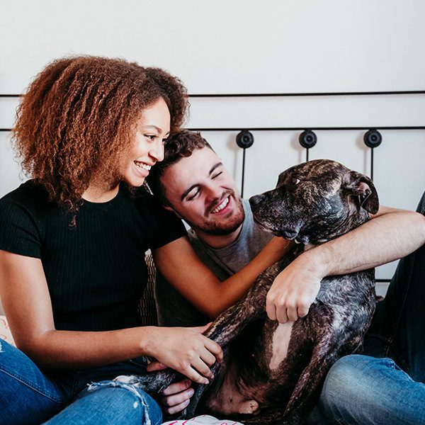 Man And Woman Laying With Dog Closely Held